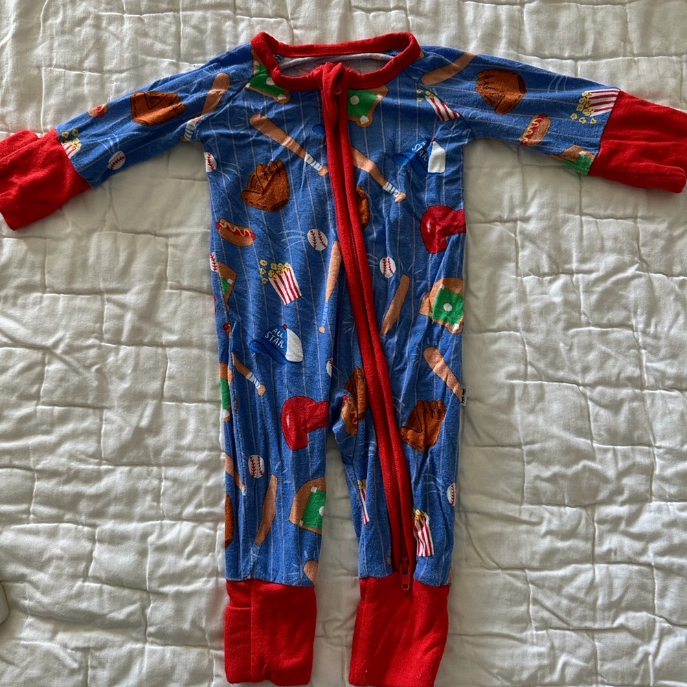 Little Sleepies Blue Baseball-Print Footed One-Piece with Red Trim